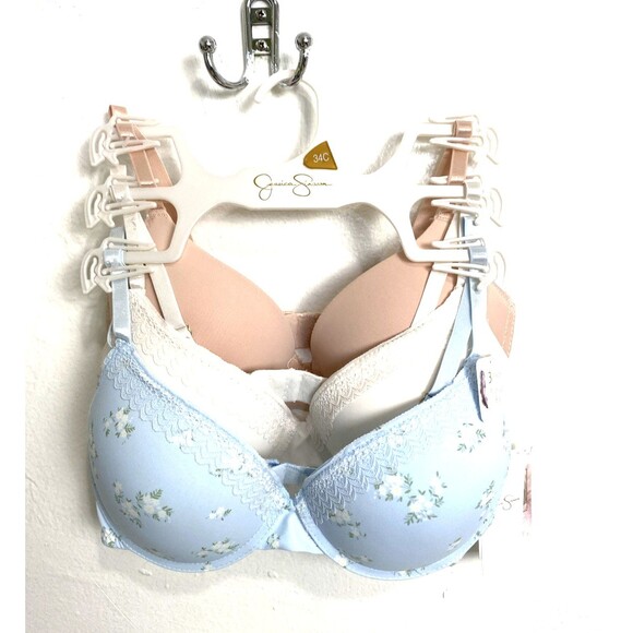 Jessica Simpson Push Up Bra Size 34C 3 Pack Lace Soft Underware Pink Beige Blue - Picture 1 of 11